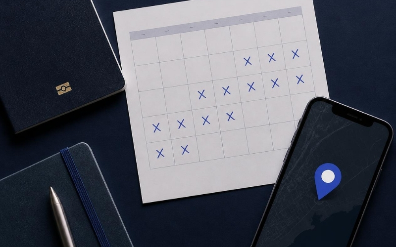 A passport, a paper calendar with days crossed off, and a phone showing a map pin on a deep-navy desk — counting days against knowing where you actually were.